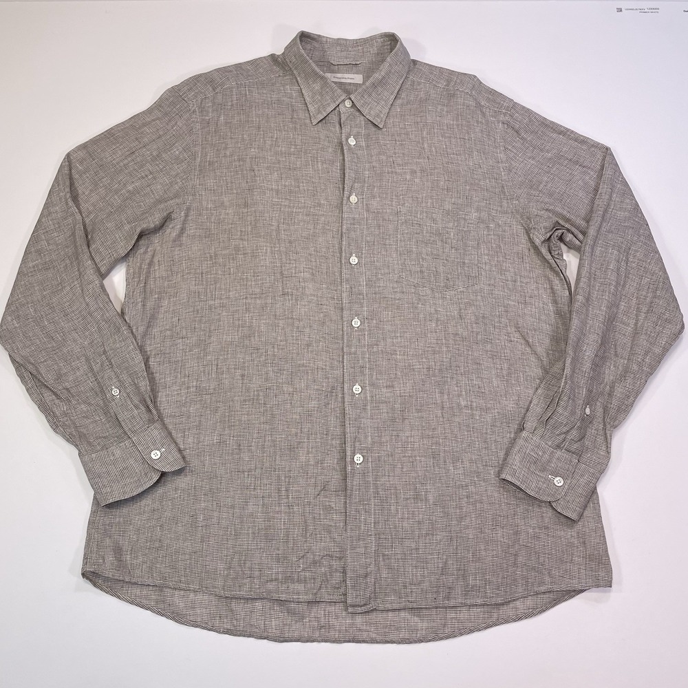 Ermenegildo Zegna Linen Button Shirt Men's XXL Long Sleeve Houndstooth Brown